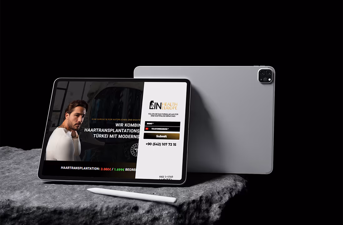 Lin Clinic'in saç ekimi landing page'i, tablette