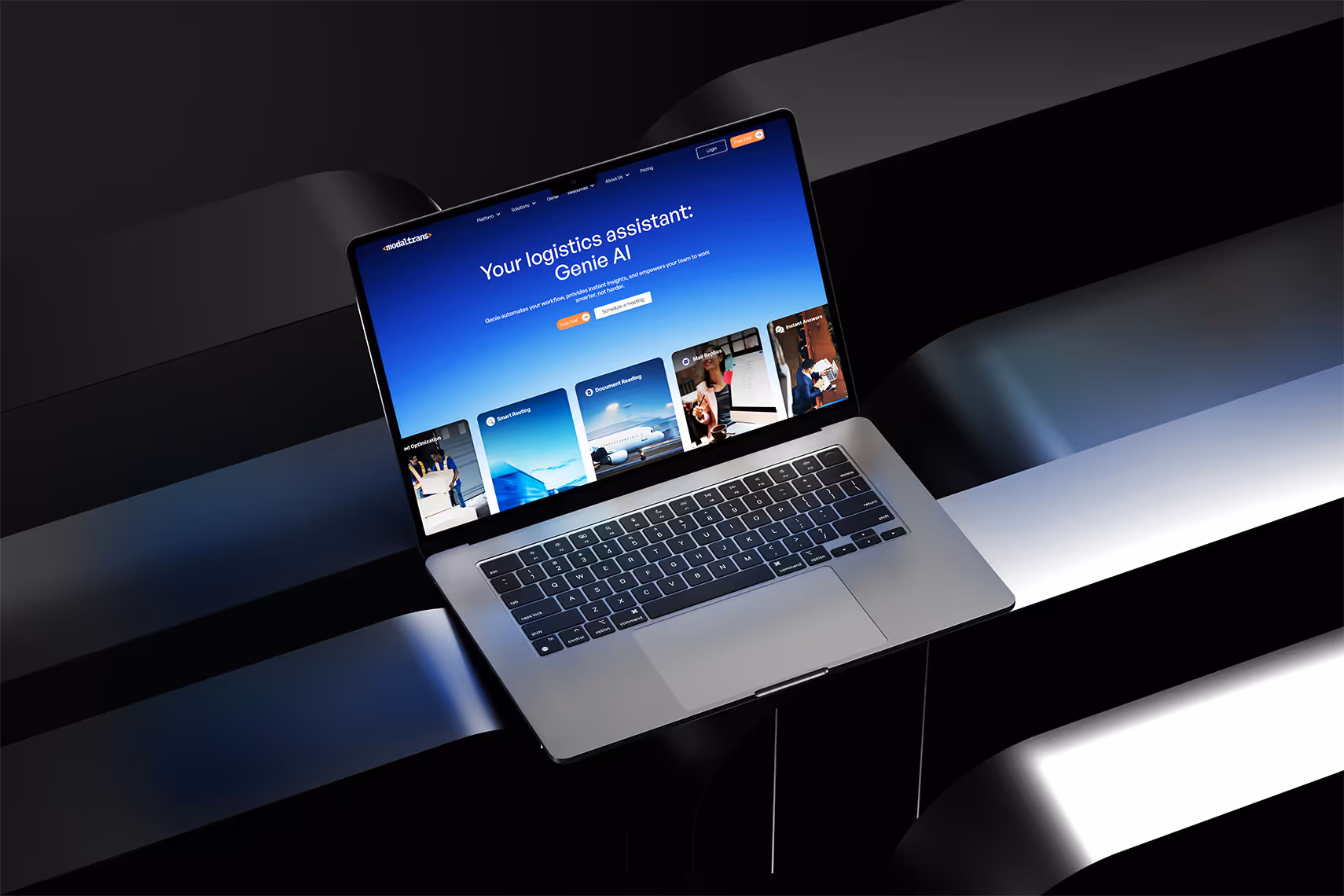 Modaltrans'ın yeni web sitesi: Genie AI lojistik asistanı sayfası, dizüstü bilgisayarda